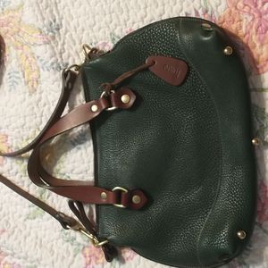 Leather Crossbody Satchel in Dark Green with Brown Trim